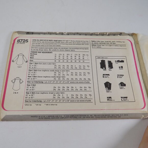 Simplicity 8725 Clothing Pattern Extra Tall Mens 38-44 Shirt UNCUT - Picture 8 of 12